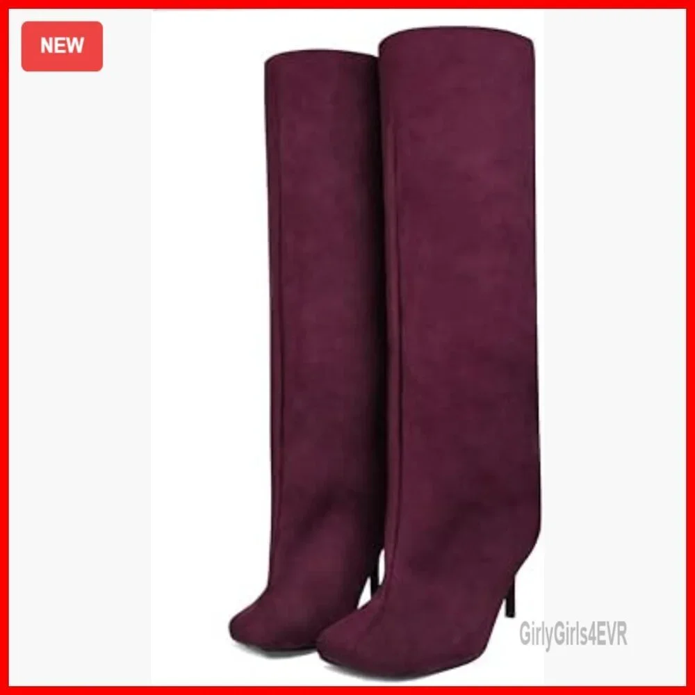 Wide Calf Knee High Suede Boots Square Toe Slouchy Fashion Booties